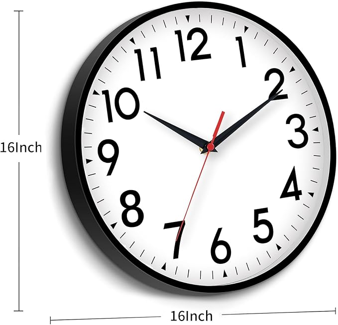 16 Inch Wall Clock, Large Wall Clocks Battery Operated, Big Silent Non-Ticking Analog Clock Decorative for Living Room, Office, Kitchen, Outdoor, Classroom, Bedroom, Bathroom, School (Black)