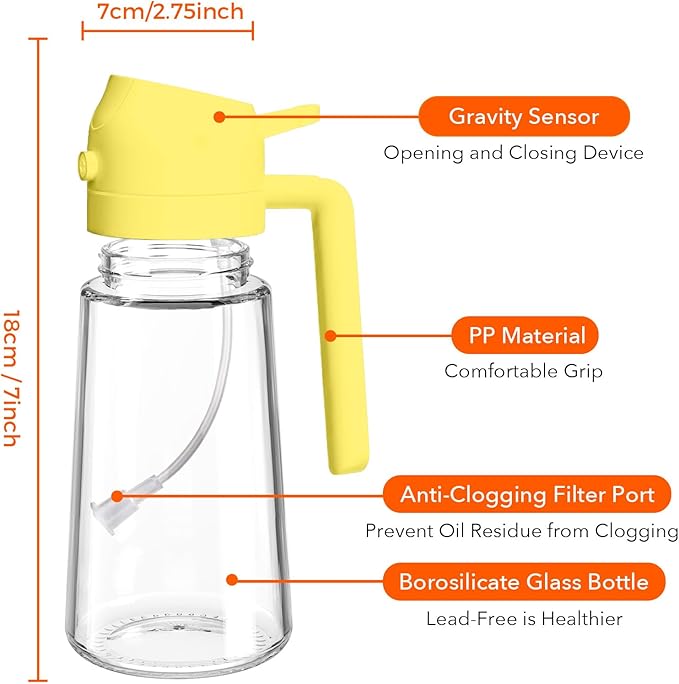 YARRAMATE 16oz/470ml Glass Olive Oil Sprayer for Cooking with Stickers, 2 in 1 Oil Dispenser for Kitchen Gadgets, Food Grade Premium Spray Bottle for Salad, Frying, BBQ (Pomelo)