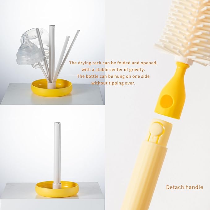 Chemimoso Travel Silicone Baby Bottle Cleaner Brush Set, Foldable Baby Bottle Drying Rack, Essential Cleaning Set for Outdoor Travel, Orange and Green