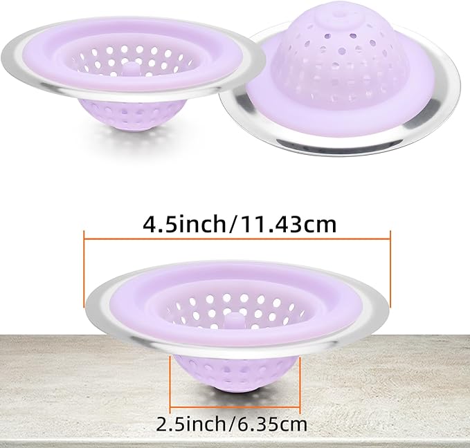 2 PCS Kitchen Stainless Silicone Sink Strainer, 4.5 inch Diameter… (Light Purple)