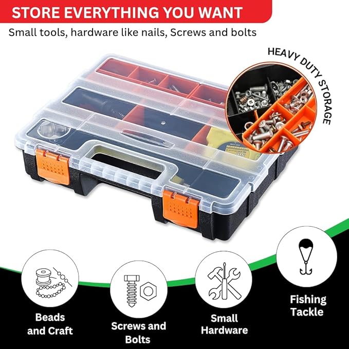Andalus Tools Organizer Box, Small Parts Storage Multi-Compartment Portable Hardware Organizer Removable Plastic Dividers for Screws, Nuts, Bolts, Nails – Orange (4 Set, 12.2" x 9.1" x 7")