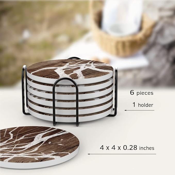 UMIRRO Ceramic Coasters for Wooden Table, Absorbent Drink Coasters with Holder for Tabletop Protection, Rustic Country Farmhouse Coasters w/Brown Wood Texture for Cups & Glasses, Coffee Bar Accessory