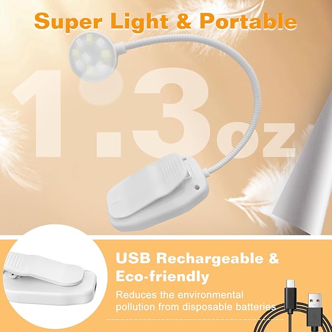 2 Packs Rechargeable Book Reading Light - Adjustable Brightness, 3 Color Temperatures, 30+ Hours Runtime - Eye Care 10 LED Lamp for Reading for Bed,Back to School Gift for Student-White & Black
