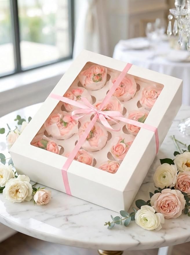 Bakepacker Auto-pop up 12 Cupcake Containers 6-Packs White Cupcakes Carrier, 12 Cupcake Boxes with Window 13"x10"x3.5"