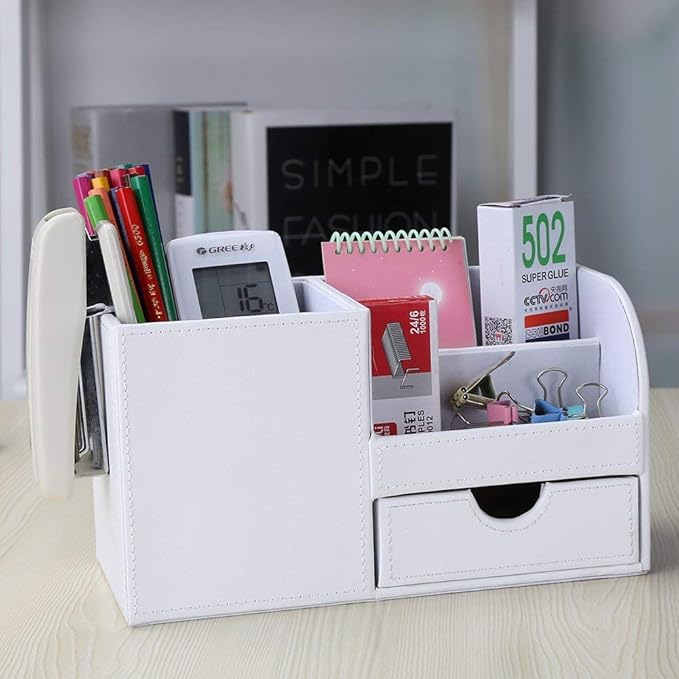 KINGFOM Desk Organizer Office Supplies Caddy Pu Leather Multi-function Storage Box Pen/Pencil,Cell phone, Business Name Cards Remote Control Holder with Small Drawer White