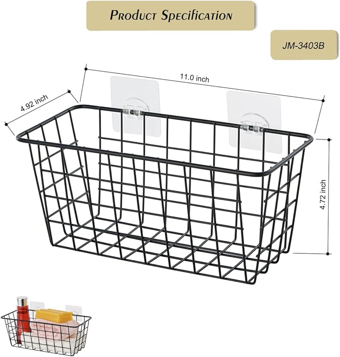 2 Pack Hanging Storage Basket, Bathroom Basket, Household Goods, with Traceless Tape, no Drilling, for Cabinet Storage, Kitchen, Bathroom, Storage Room,Black