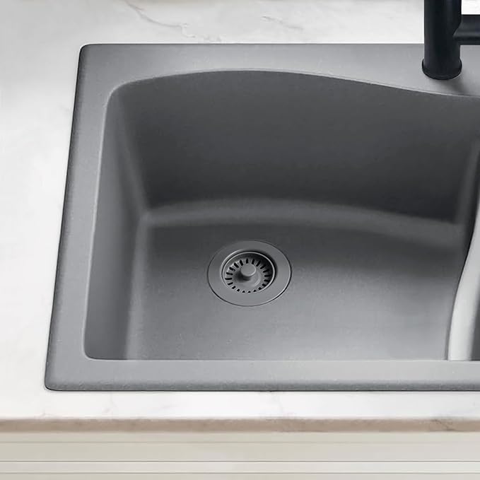 3-1/2 Inch Polymer Urban Gray Sink Drain Assembly with Basket Strainer and Stopper for Quartz, Granite or Fireclay Kitchen Sinks