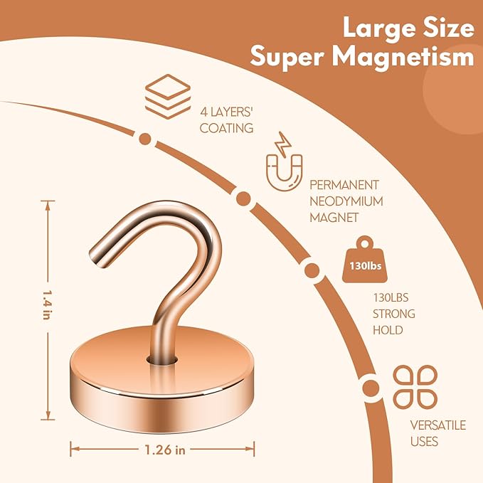 Neosmuk Magnetic Hooks, Cruise Ship Essentials, 120lb+ Heavy Duty Magnetic Hooks for Cruise Cabins, Refrigerator, Grill, Hanging, and Travel | Extra Strong Must-Haves Magnet Hook,Bronze,Pack of 20