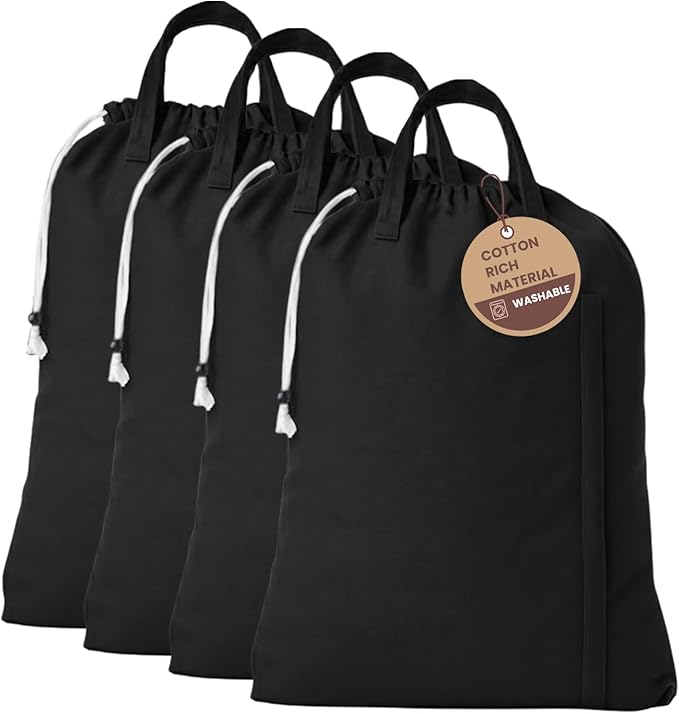 LFH Home Large Premium Cotton Canvas Laundry Bag with Drawstring and Handles, Heavy Duty, Multi-Use, and Washable for Home, Travel, College or Storage, 24x36 (Pack of 4)-Black