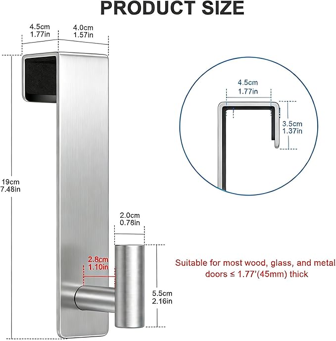 HUFEEOH Over The Door Hooks 2-Pack, Heavy Stainless Steel Coat & Towel Rack, No Drilling Scratch-Free Over Door Hanger Dorm Essentials Bathroom Accessories, Fits 1-3/4" Doors ("T" Shape - Silver)