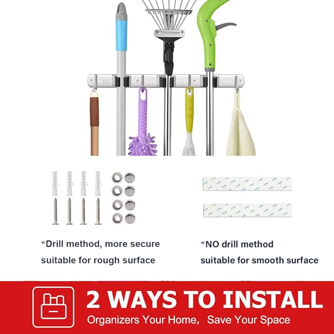 IMILLET 2 Pack Broom and Mop Holder Wall Mounted, Stainless Steel Broom Holder Mop Holder Self Adhesive Heavy Duty Hooks Storage Organizer for Home Laundry Room Garden Garage Closet Kitchen