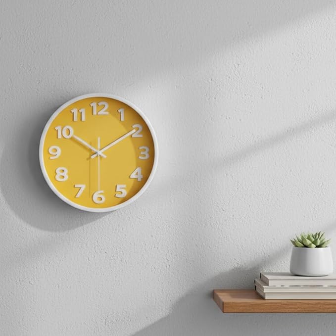 10 Inch Yellow Wall Clock with 3D Big Numbers, Modern Round Silent Non-Ticking Clock, Easy to Read for Kitchen & Office, Bright Housewarming Gifts for Home Decor