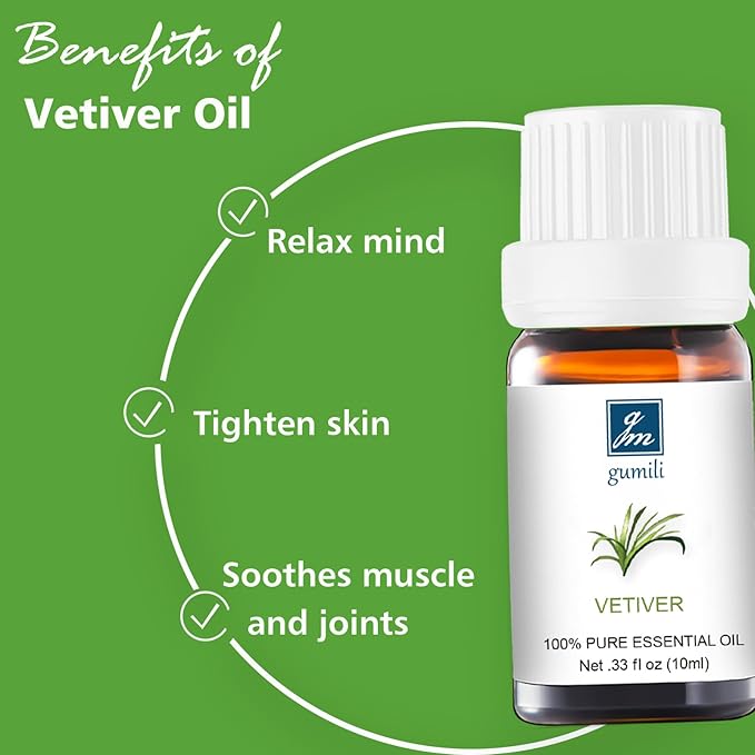 Vetiver Essential Oil - Pure Organic Essential Oil for Diffuser, Spray, Skin, Hair, Massage, DIY Candles & Soap - 10mL