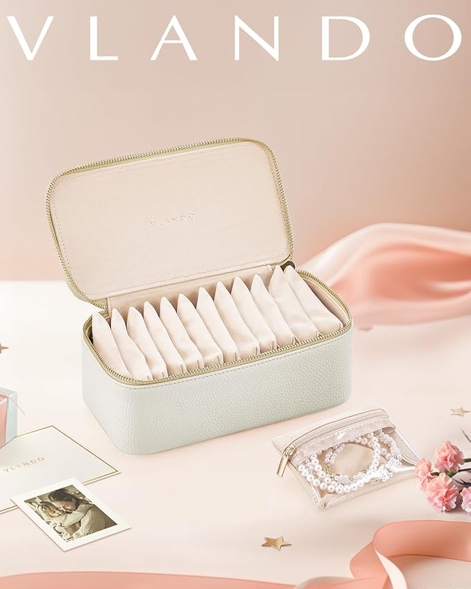 Vlando Travel Jewelry Case,Jewelry Box with 12 Velvet Jewelry Pouch Jewelry Travel Organizer for Women Girl Jewelry Case Necklace Rings Earrings Bags Wedding Gifts (White)