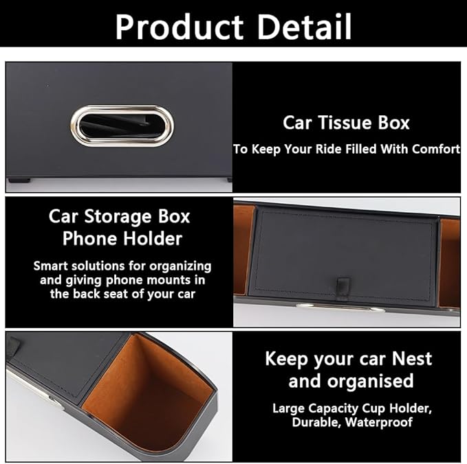 Abnaok Back Seat Car Organizer, 4-in-1 Multifunctional Car Back Seat Storage Box with Drink Cup Holder and Tissue Box, for Holding Phone, Snacks, Drinks, and Handbag