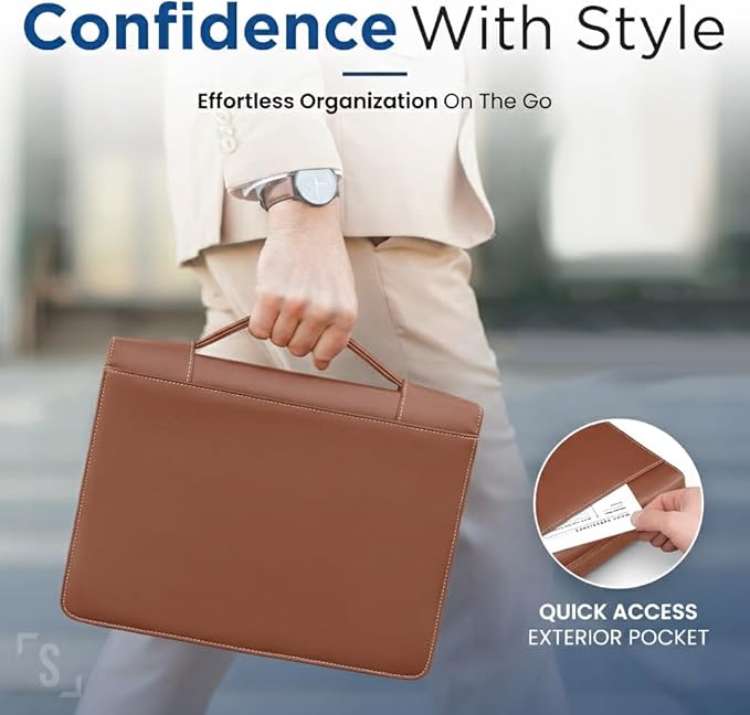STYLIO Tan Zipper Padfolio Portfolio Binder w/Carrying Handle | Organizer for Documents, iPad, Tablet, Notebook | Business Leather Binder for Men Women (No 3-Ring Binder)