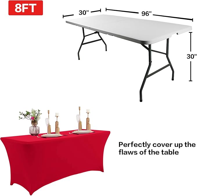 IVAPUPU 2 Pack 4FT Table Cloth for Rectangular Fitted Events Stretch Red Table Covers Washable Cover Spandex Tablecloth Protector for Party, Wedding, Cocktail, Banquet, Festival