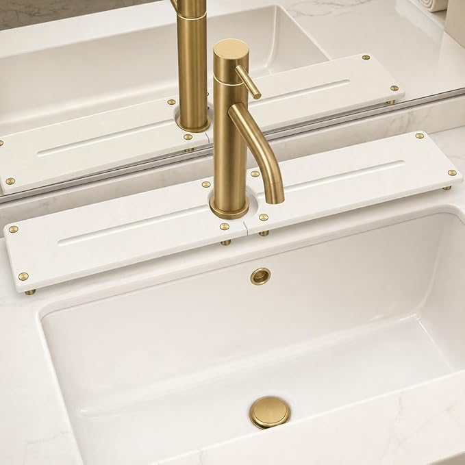 Stone Faucet Mat for Kitchen Sink, Water Absorbing Sink Tray Organizer for Bathroom Counter, Diatomite Soap Dish Coaster Caddy Riser, Sponge Holder Dispenser Mat, Gold White 23.6" x 4"
