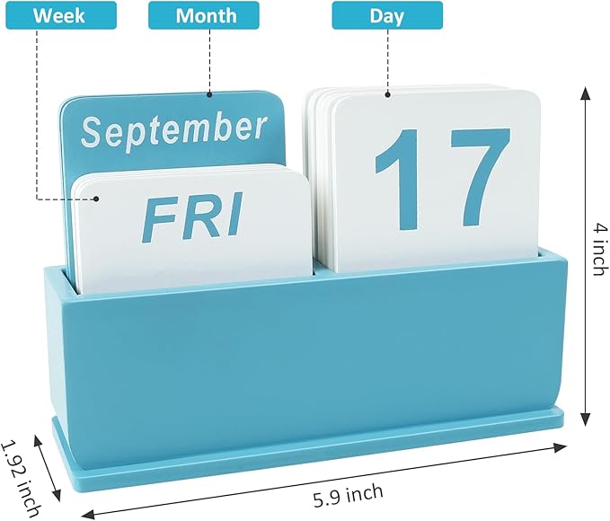 Wooden Block Perpetual Calendar for Desk, Daily Desktop Standing Flip Calendar with Large Display, Modern Farmhouse Aesthetic Desk Accessories for Home Office Decor, Reusable Yearly, Blue