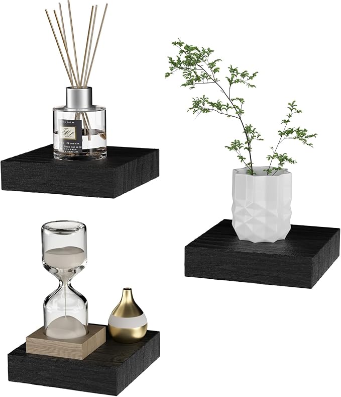 Small Floating Shelves for Wall - 4 Inch Mini Square Black Shelves for Bedroom, Living Room, Bathroom, Kitchen, Office Decor Set of 3