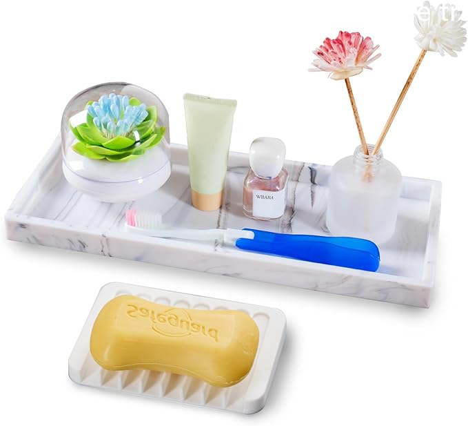 Bloss Small Bathroom Vanity Tray with Soap Dish, 8 x 4 inch Silicone Marble Tray for Kitchen Counter, Toilet Tank Storage, Perfume Trays for Dresser, Jewelry, Candle, Key