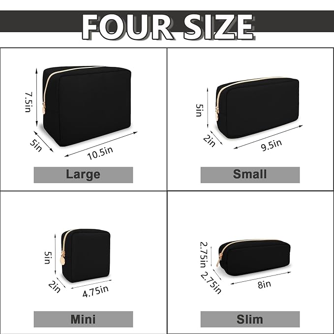 Waterproof Small Pencil Case Makeup Bag for Purse, Cute Pencil Pouch Preppy Nylon Makeup Brush Holder with Zipper, Girls Portable Storage Case Small Pen Bag for Office (Slim-Black)