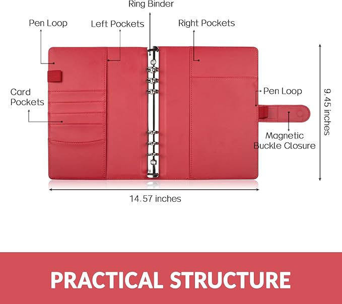 Sooez A5 Notebook Photocard Binder, 6 Ring Planner, Stylish Loose Leaf Personal Organizer Cover with Magnetic Buckle, PU Leather Binder Women with Soft Colors (Red)
