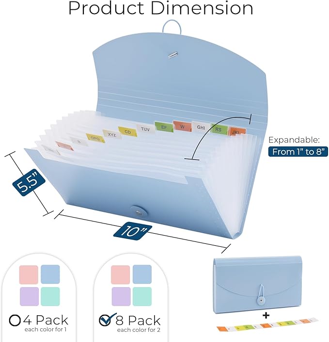 Y YOMA 8 Pack Coupon Organizer with 13 Pocket | Plastic Travel-Friendly Accordion Receipt Holder 10” x5.5” Expanding Folder for Small Bill Business Cards Tax Item Ticket, Pastel Design