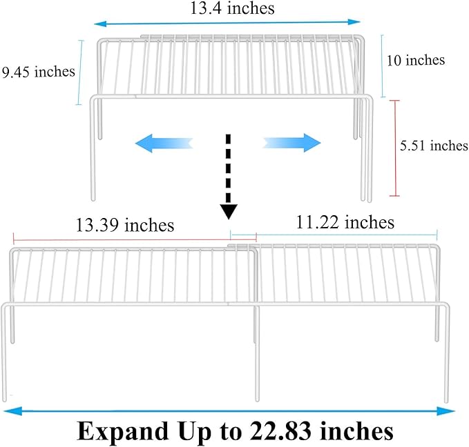 Kitchen Cabinet Expandable Shelf Organizers Set of 4, Adjustable Metal Wire Pantry Storage Shelves, Plate Dish Organizer Rack for Cabinets, Cupboard, Counter, Freezer, Countertop, White