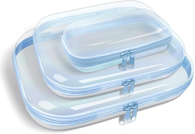Clear Hard Plastic Zipper Case, Transparent Double Zippers Hard Pouch with 3 Pieces, Portable Travel Organizer Bin for Toy Storage