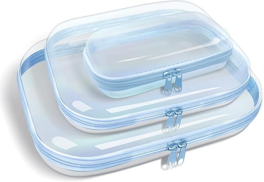 Clear Hard Plastic Zipper Case,Transparent Double Zippers Hard Pouch with 3pcs,Portable Travel Organizer Bin for Toy Storage