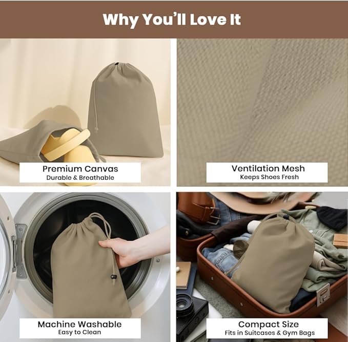LFH Cotton Rich Shoe Storage Bags with Drawstring, Dustproof Breathable Reusable Organizer, Perfect For Travel, Dorm, Hotel, College, Gym, Easy to Carry, Machine Washable 8"x17" (Pack of 4) - Chambray