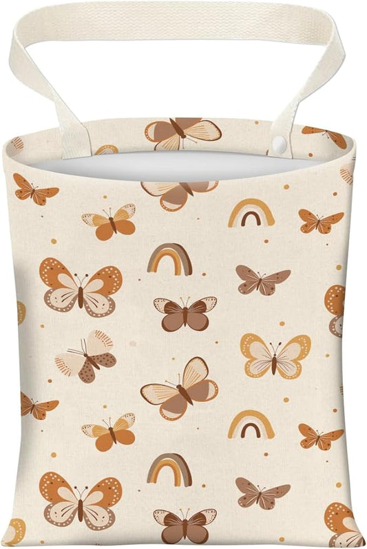 Cute Car Trash Can, Hanging Canvas Car Back Seat Organizer and Storage Bag, Funny Car Trash Bag for Travelling, Outdoor Cute Beige Butterfly