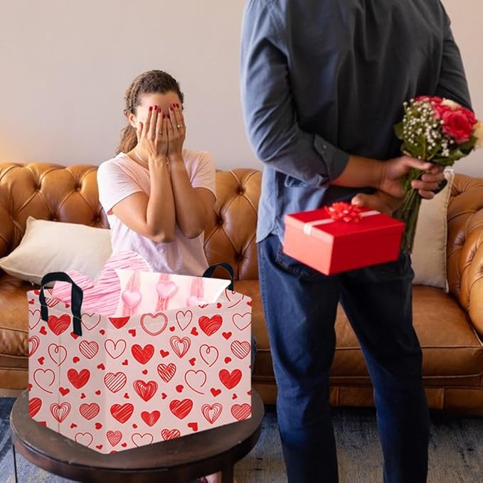 Rectangular Pink Valentine's Day Gift Basket,nursery basket,Pink girls gift baskets,kids toy storage Bin, Love Heart Room Decor for Home,Shelf Baskets(Romantic Heart)