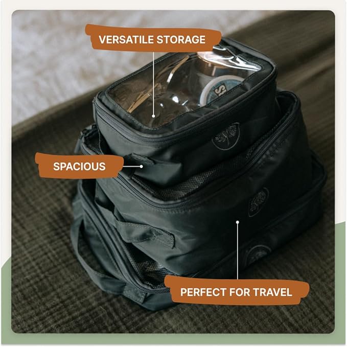 Parker Baby Co. Lightweight Packing Cube Set 3-Pack | Collapsible, Durable, Mesh & Clear Top | Travel Organizer for Diaper Bags, Luggage - Black/Mocha Checker