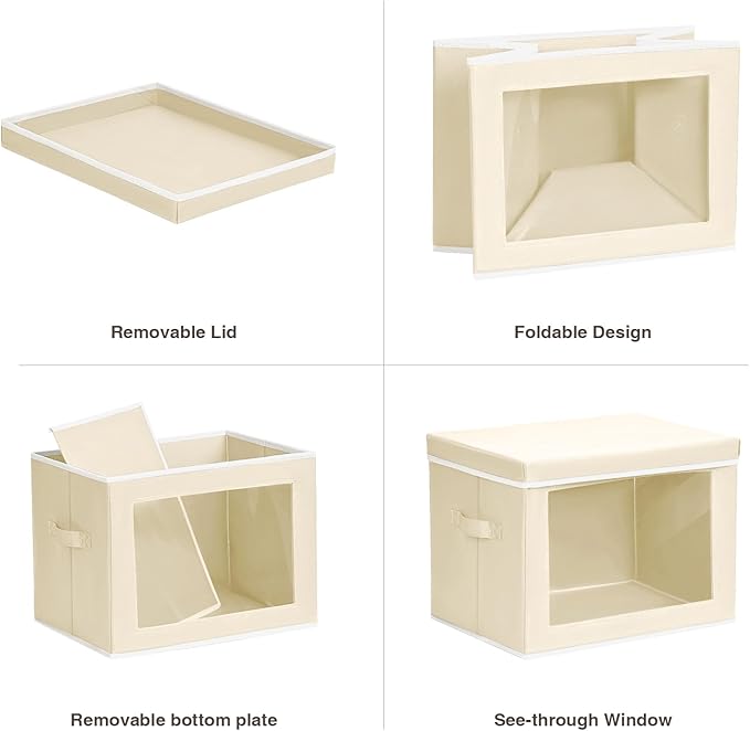 Fabric Storage Bins with Lids, Storage Cubes with Window, Decorative Storage Boxes Baskets for Organizing, Closet Organizer Storage Bins for Home, Office, 3 Packs, Beige