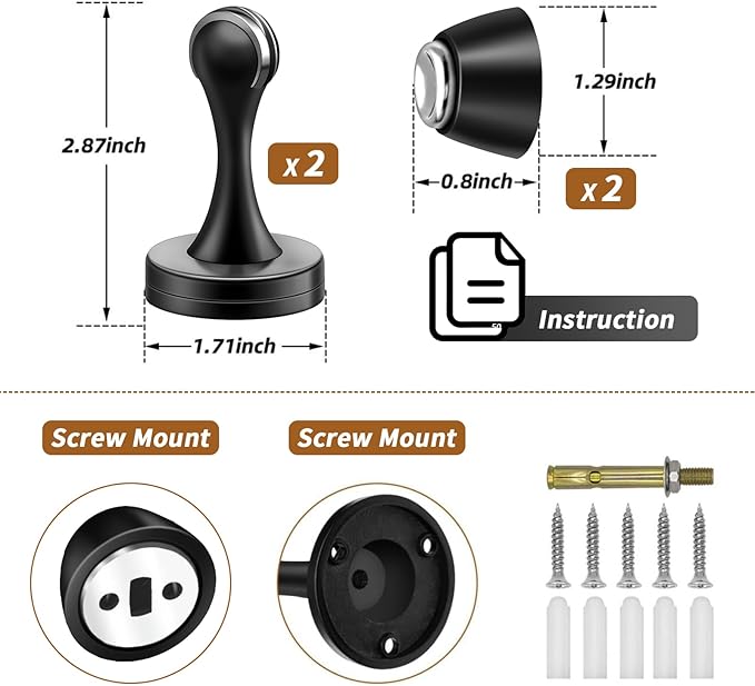 KOLAKO Door Stopper, Magnetic Door Stops, Brushed Satin, 2 Pack Black Magnetic Door Catch Holder to Keep Door Open, Stainless Steel Wall Floor Mounted Doorstop Without Adhesive Tape