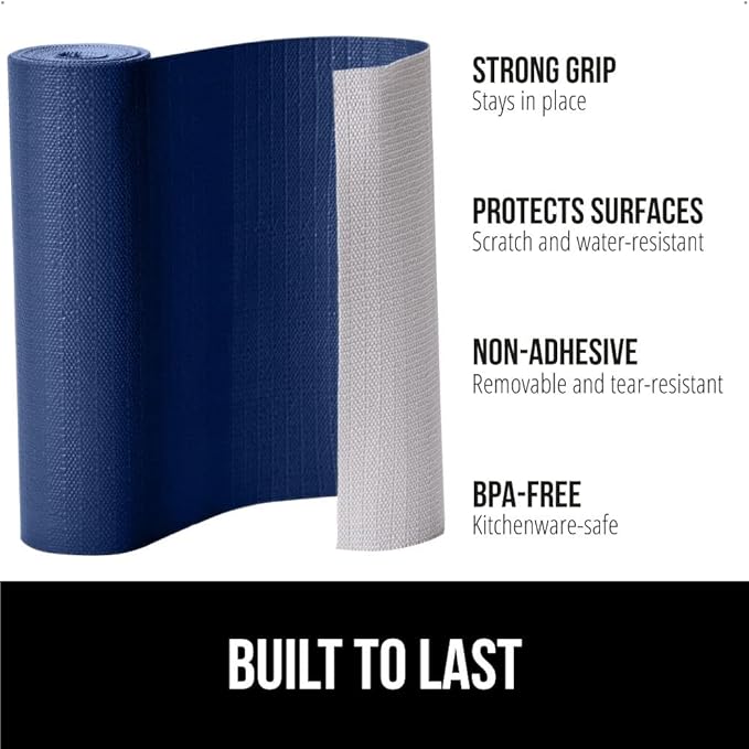 GORILLA GRIP DripGuard Shelf Liner, Non-Adhesive Drawer and Kitchen Cabinet Protector, Strong Grip Slip Resistant Underside, Smooth Surface Liners for Cabinets, Bathroom Closets, 12x120 in, Navy Blue