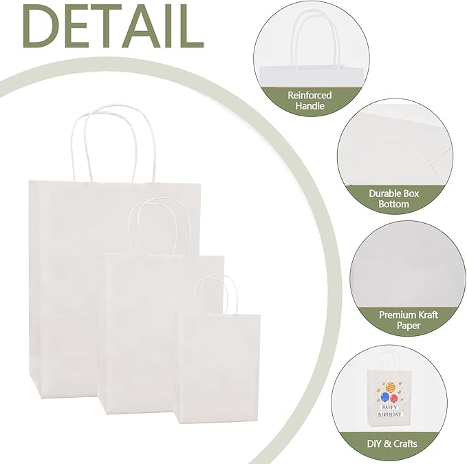 FACEBAG 120 Pack White Kraft Paper Bags with Handles Bulk, Assorted Sizes Gift Bags for Favors Grocery，Retail，Party，Festival，Wedding，Birthday，Shopping，Business，Goody Craft Merchandise Take Out Sacks