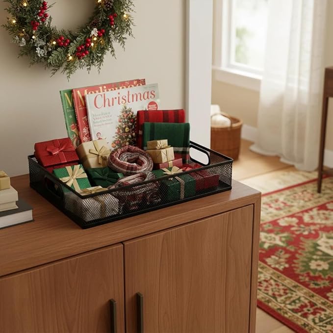 2 Pcs Heavy-Duty Metal Mesh Desk Organizer Tray, A4 Large Office Storage Box Set, 12.6X 9.1 x 2.8Inches, Large Capacity for Home and Office Supplies, and Christmas Ornament Storage Box