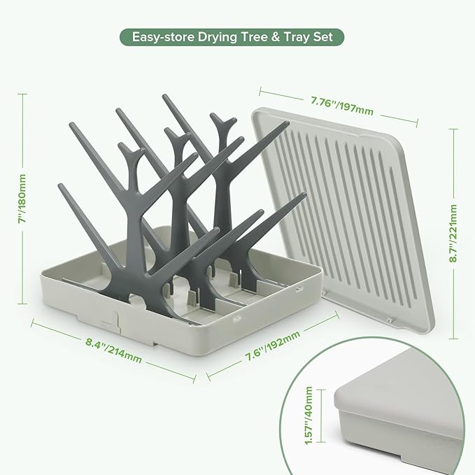 haakaa Portable Baby Bottle Drying Rack with Tray, Space Saving Bottle Drying Tree for Bottles/Pump Parts/Pacifiers,Easy-Store Dryer Rack Great for Home & Travel, BPA Free (Grey)