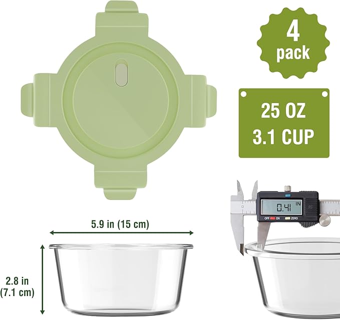 Freshmage 25oz Glass Meal Prep Containers, Round Food Storage Container with Lid Airtight, BPA-Free, Borosilicate Glass Soup Container for Leftovers, Microwave Oven Dishwasher&Freezer Safe (4 Pack)