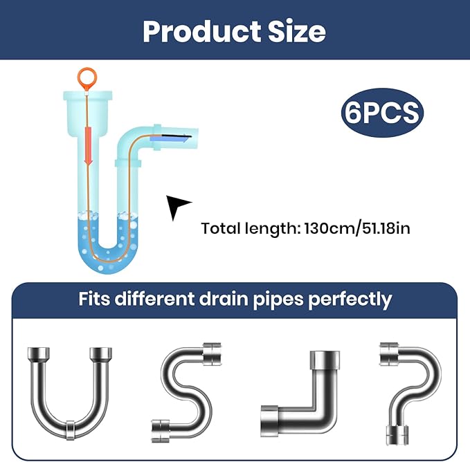 51 Inch Anti-Break Metal Drain Snake, Nylon-Coated Drain Clog Remover, Flexible Hair Blockage Cleaner Tool for Shower, Bathroom Sink & Tub, Reusable Pipe Unclogger for Home Use (6 Pack) (Orange)