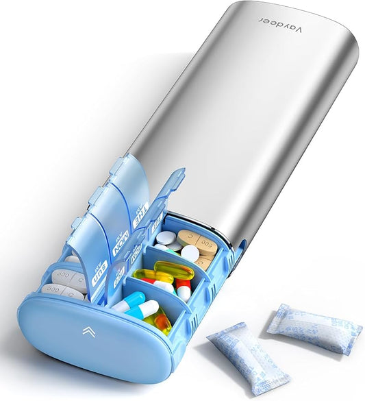 Vaydeer Metal 7 Day Pill Organizer 2 Times a Day – AM PM Weekly Travel Pill Case with Moisture-Proof Desiccant, Airtight Large Capacity Pill Box for Vitamins, Medications & Supplements (Silver)