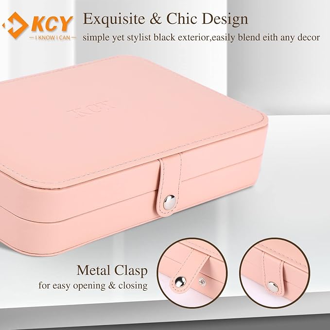 KCY Travel Jewelry Organizer Box for Women Girls, Small Travel Jewelry Case, PU Leather Portable Jewellery Storage Boxes Display Holder for Ring Earrings Necklace Bracelet Bangle, Gifts, Pink