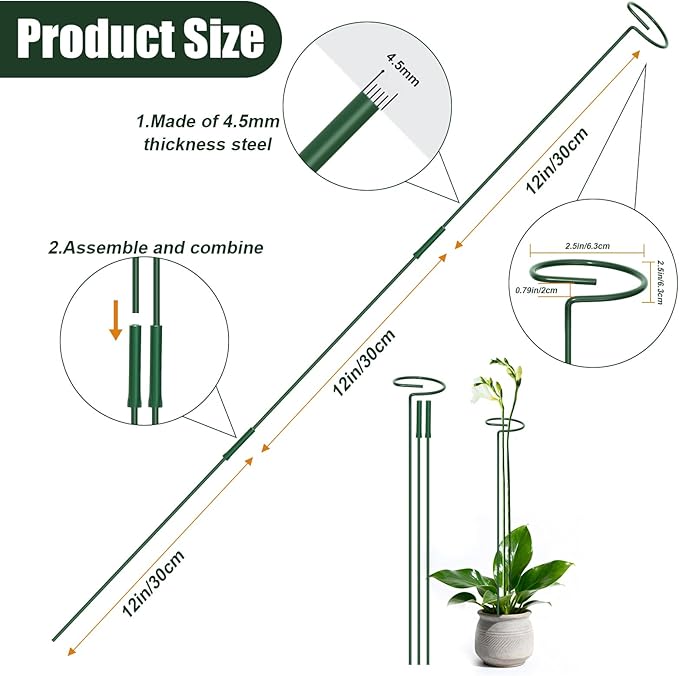 4.5mm Adjustable Length Plant Stake, Assembled (12 or 24 or 36 inch) Outdoor and Indoor Plant Support Poles for Flowers Marigolds Tomatoes Lilies Peonies Roses Daffodils Flower Clips (8 Set,32 Pcs)