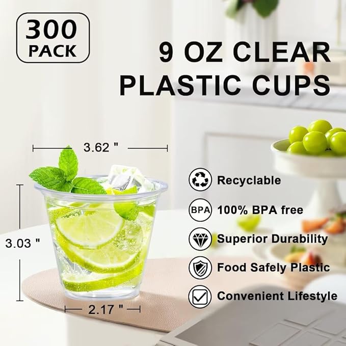 Lamosi 300 Pack 9 oz Clear Plastic Cups, Disposable Cups Wine Cocktail Punch, Sturdy & Food Safe Plastic Cup for Party & Wedding