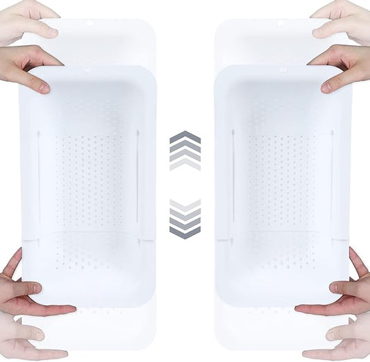 BLUE GINKGO Sink Colander Baskets - (Pack of 2) Wash Vegetables and Fruits, Drain Cooked Pasta and Dry Dishes - Extendable - New Home Kitchen Essentials (2 White)