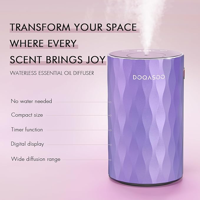 Waterless Essential Oil Diffuser - Aluminum Metal Texture, 96H Quiet Battery Nebulizer, Portable Scent Aromatherapy Diffuser with Timer & 4 Mist Levels, 20mL, Type-C for Home/Room/Car/Office
