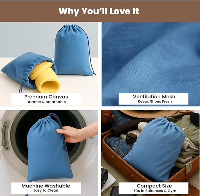 LFH Cotton Rich Shoe Storage Bags with Drawstring, Dustproof Breathable Reusable Organizer, Perfect For Travel, Dorm, Hotel, College, Gym, Easy to Carry, Machine Washable 8"x17" (Pack of 6) - Sky Blue